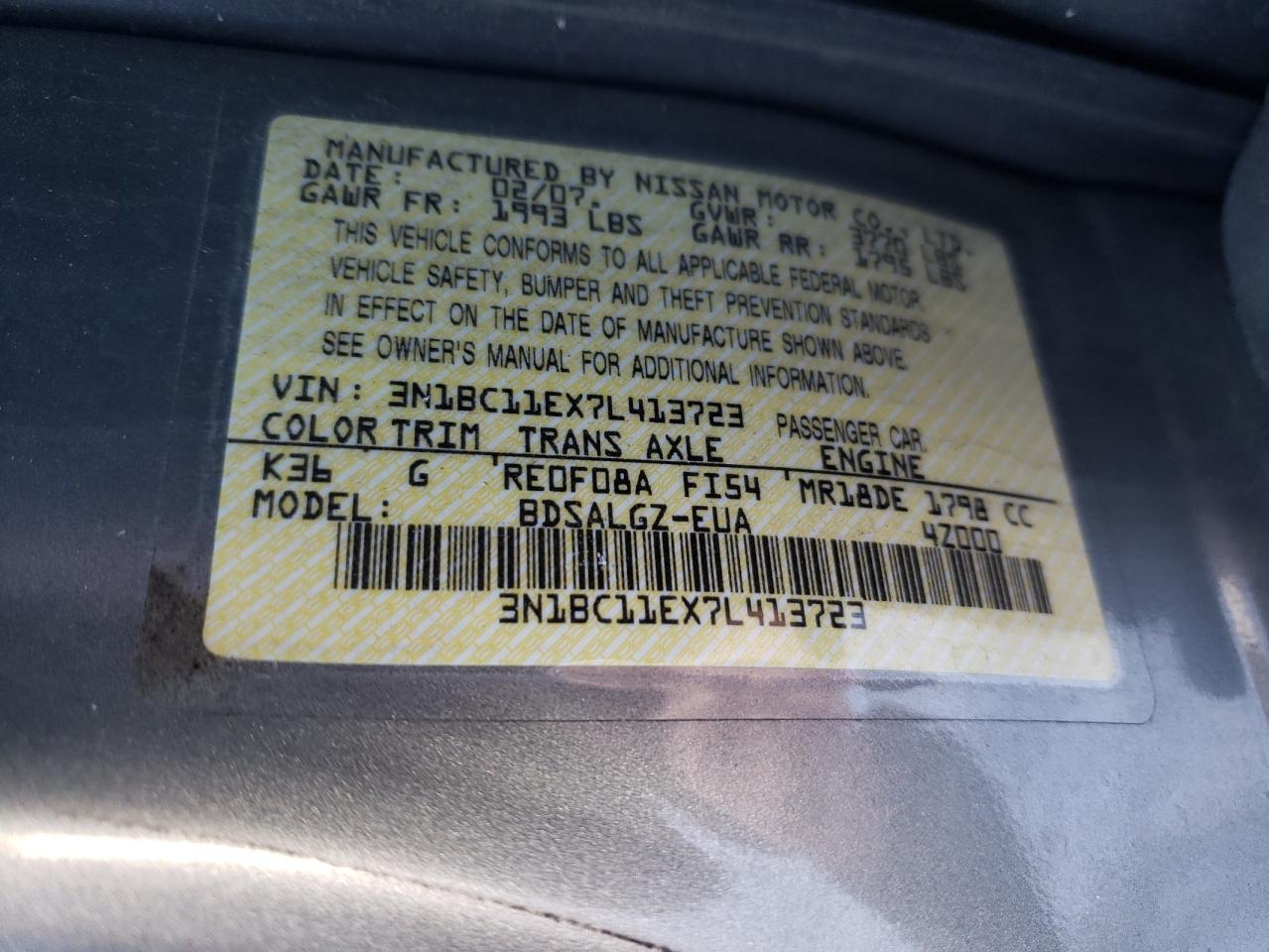 Photo 10 from auction – 2007 NISSAN VERSA S with VIN 3N1BC11EX7L413723