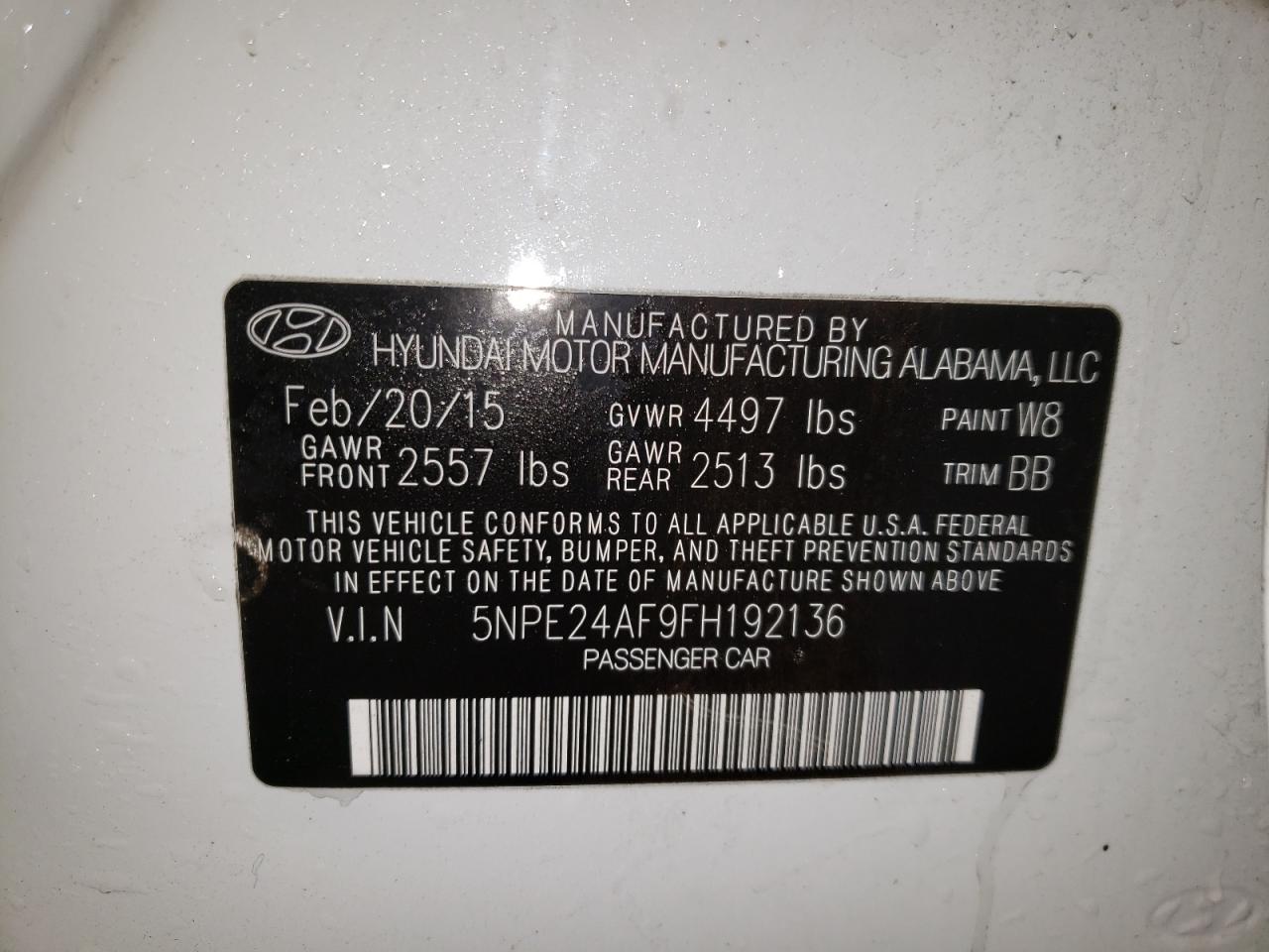 Photo 10 from auction – 2015 HYUNDAI SONATA SE with VIN 5NPE24AF9FH192136