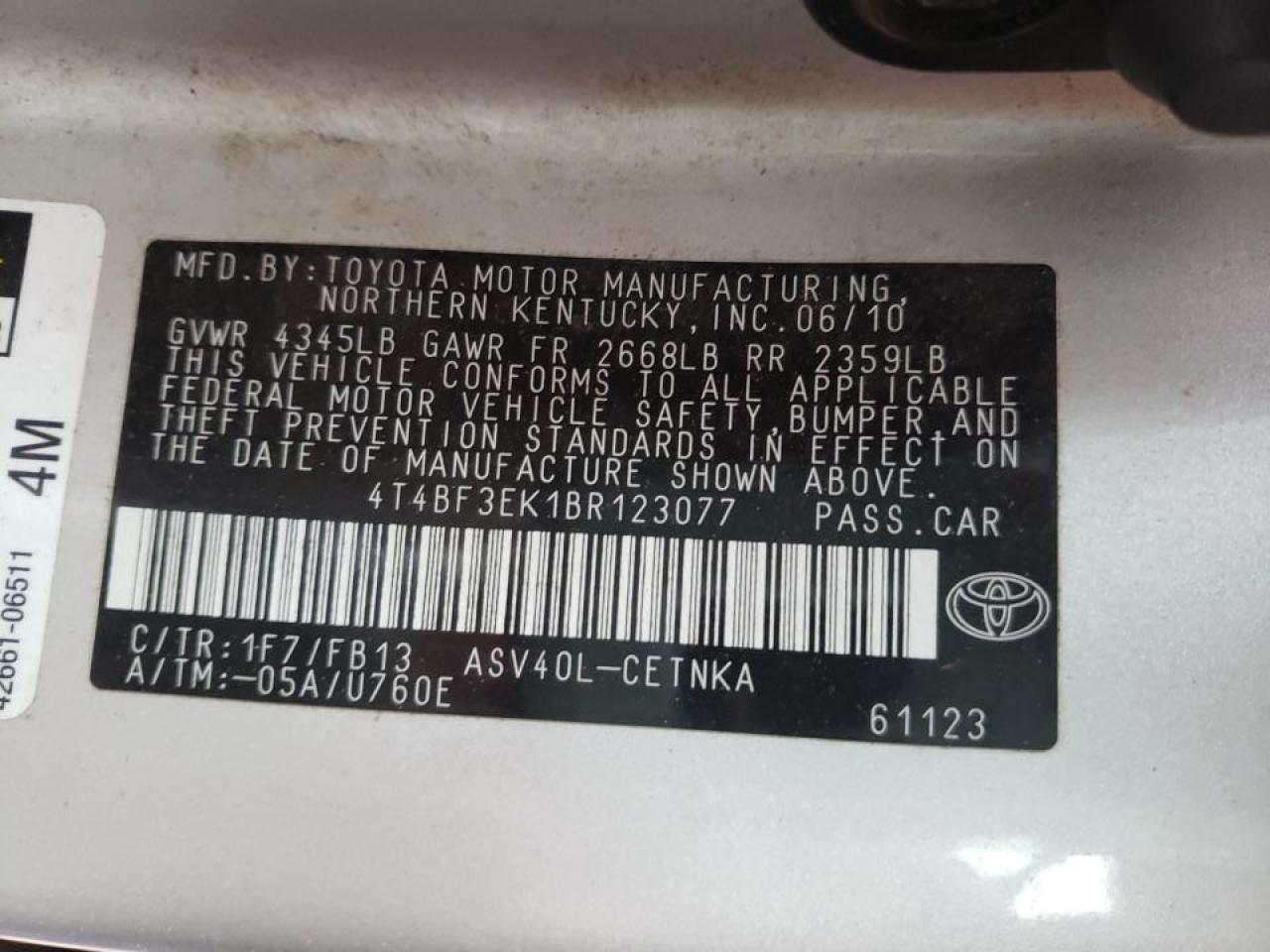 Photo 20 from auction – 2011 TOYOTA CAMRY BASE with VIN 4T4BF3EK1BR123077