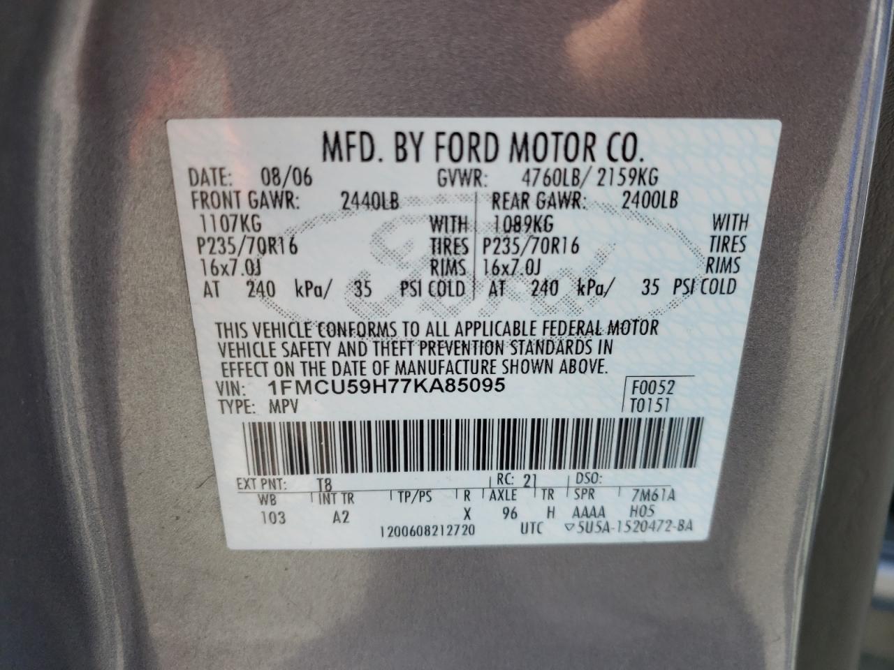 Photo 10 from auction – 2007 FORD ESCAPE HEV with VIN 1FMCU59H77KA85095