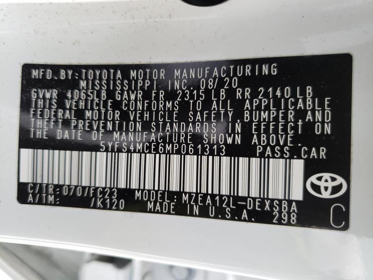 Photo 10 from auction – 2021 TOYOTA COROLLA SE with VIN 5YFS4MCE6MP061313