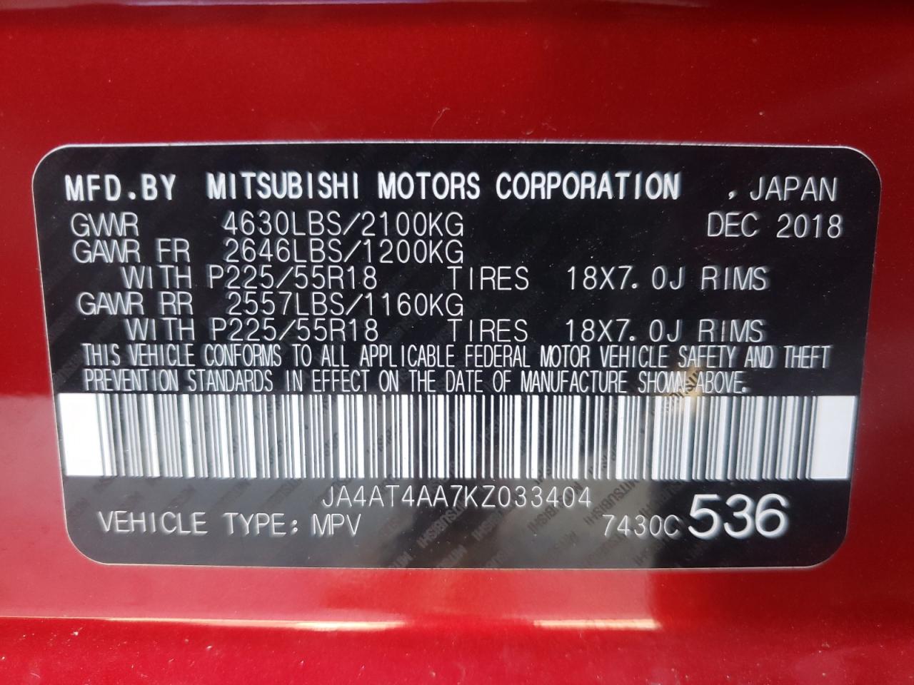 Photo 10 from auction – 2019 MITSUBISHI ECLIPSE CR with VIN JA4AT4AA7KZ033404