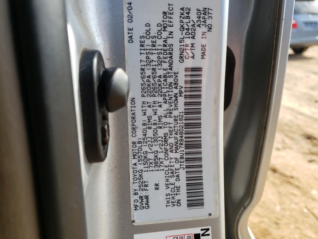 Photo 10 from auction – 2004 TOYOTA 4RUNNER LI with VIN JTEBU17R848021821