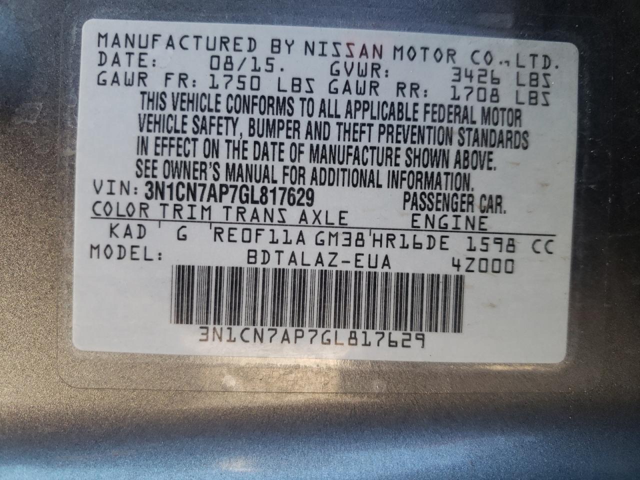 Photo 10 from auction – 2016 NISSAN VERSA S with VIN 3N1CN7AP7GL817629