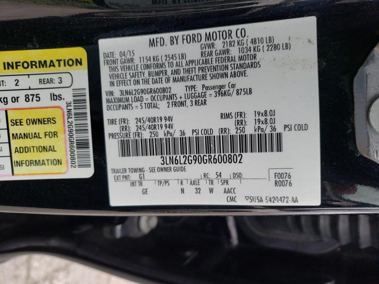 Photo 10 from auction – 2016 LINCOLN MKZ with VIN 3LN6L2G90GR600802