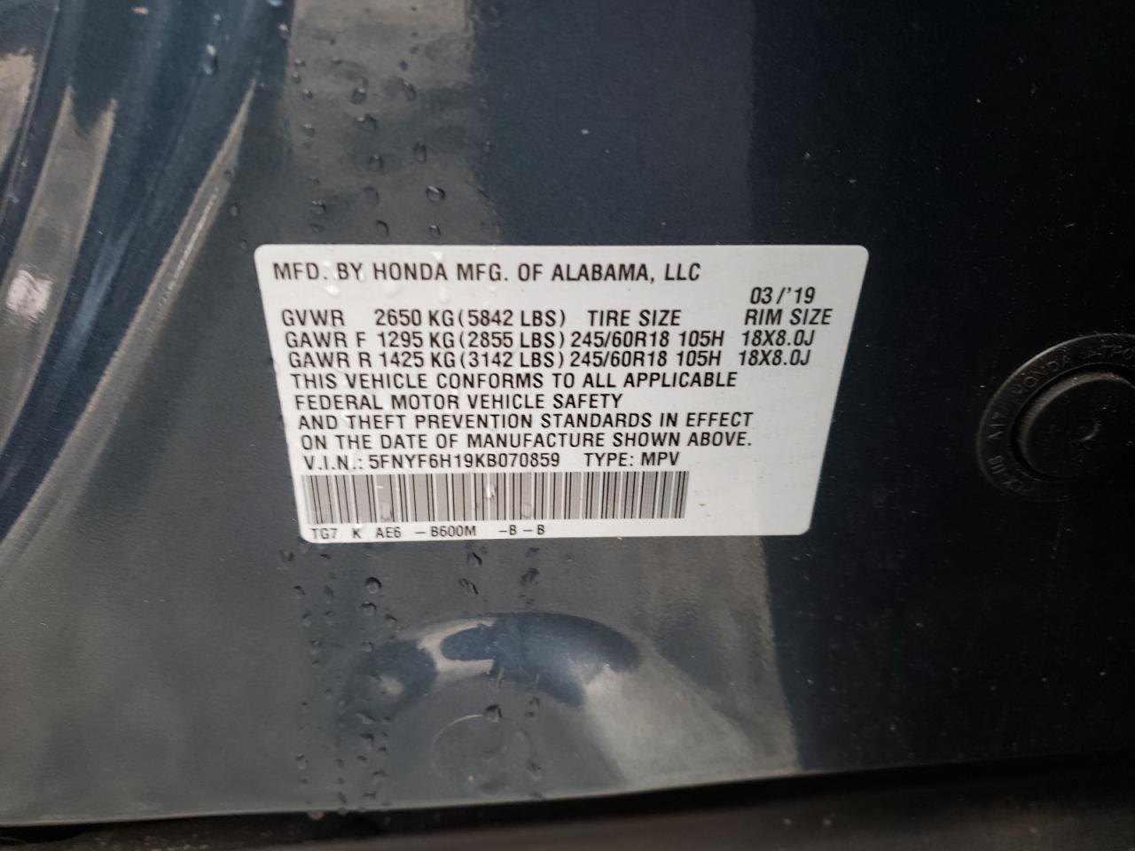 Photo 10 from auction – 2019 HONDA PILOT LX with VIN 5FNYF6H19KB070859