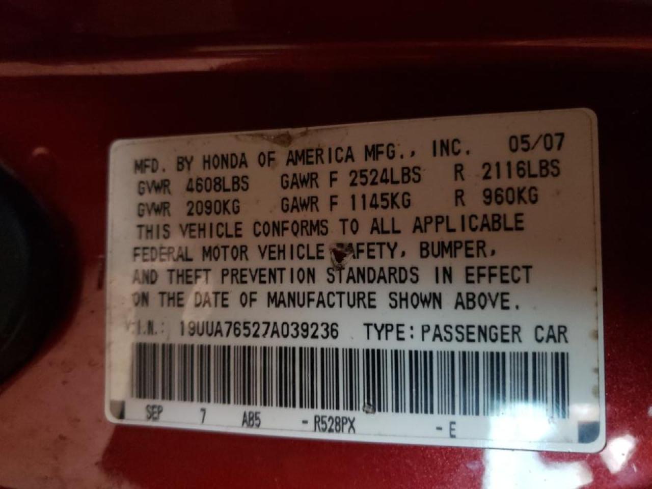 Photo 10 from auction – 2007 ACURA TL TYPE S with VIN 19UUA76527A039236