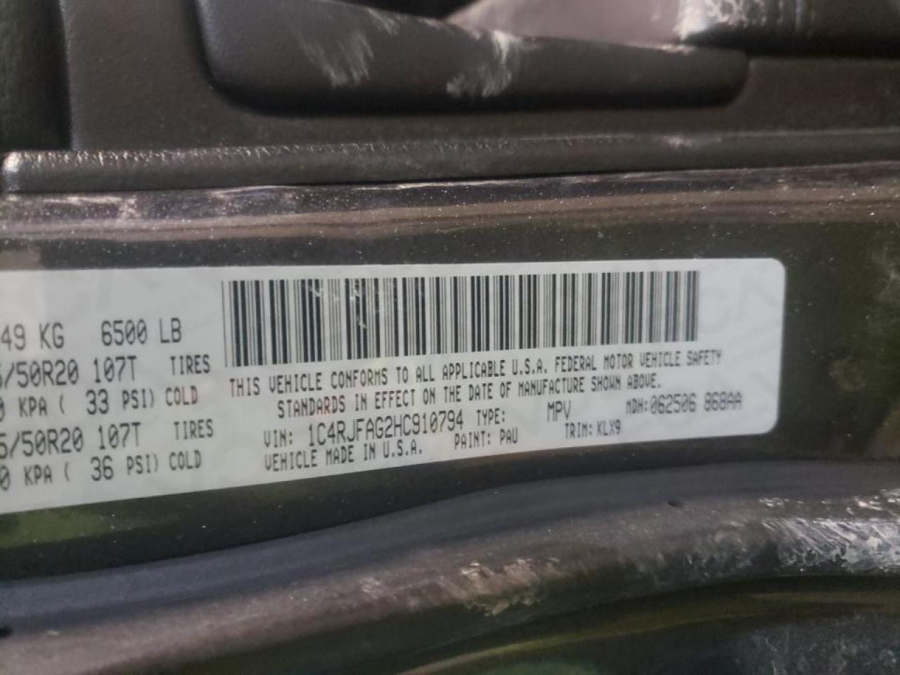 Photo 10 from auction – 2017 JEEP GRAND CHER with VIN 1C4RJFAG2HC910794