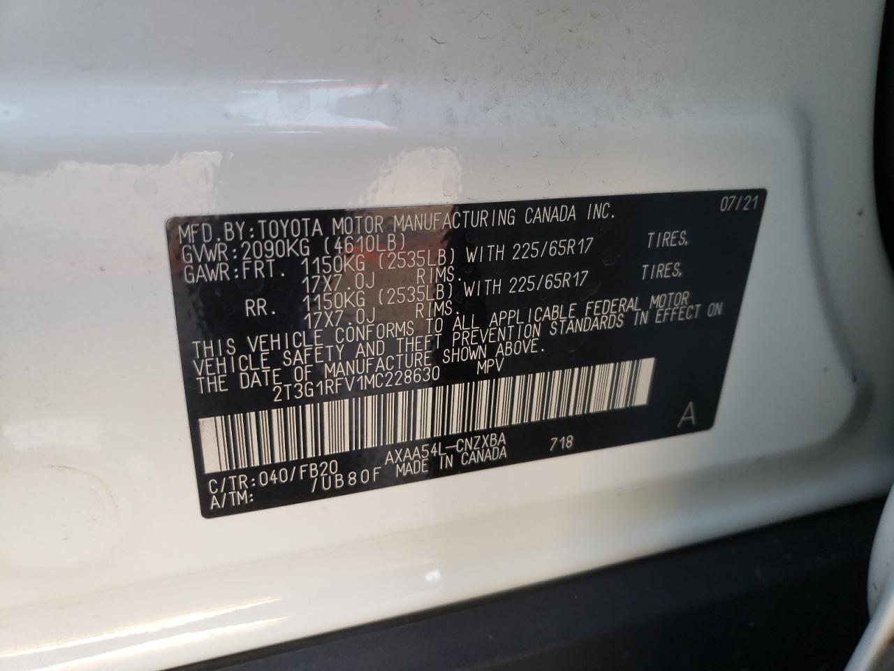 Photo 10 from auction – 2021 TOYOTA RAV4 LE with VIN 2T3G1RFV1MC228630