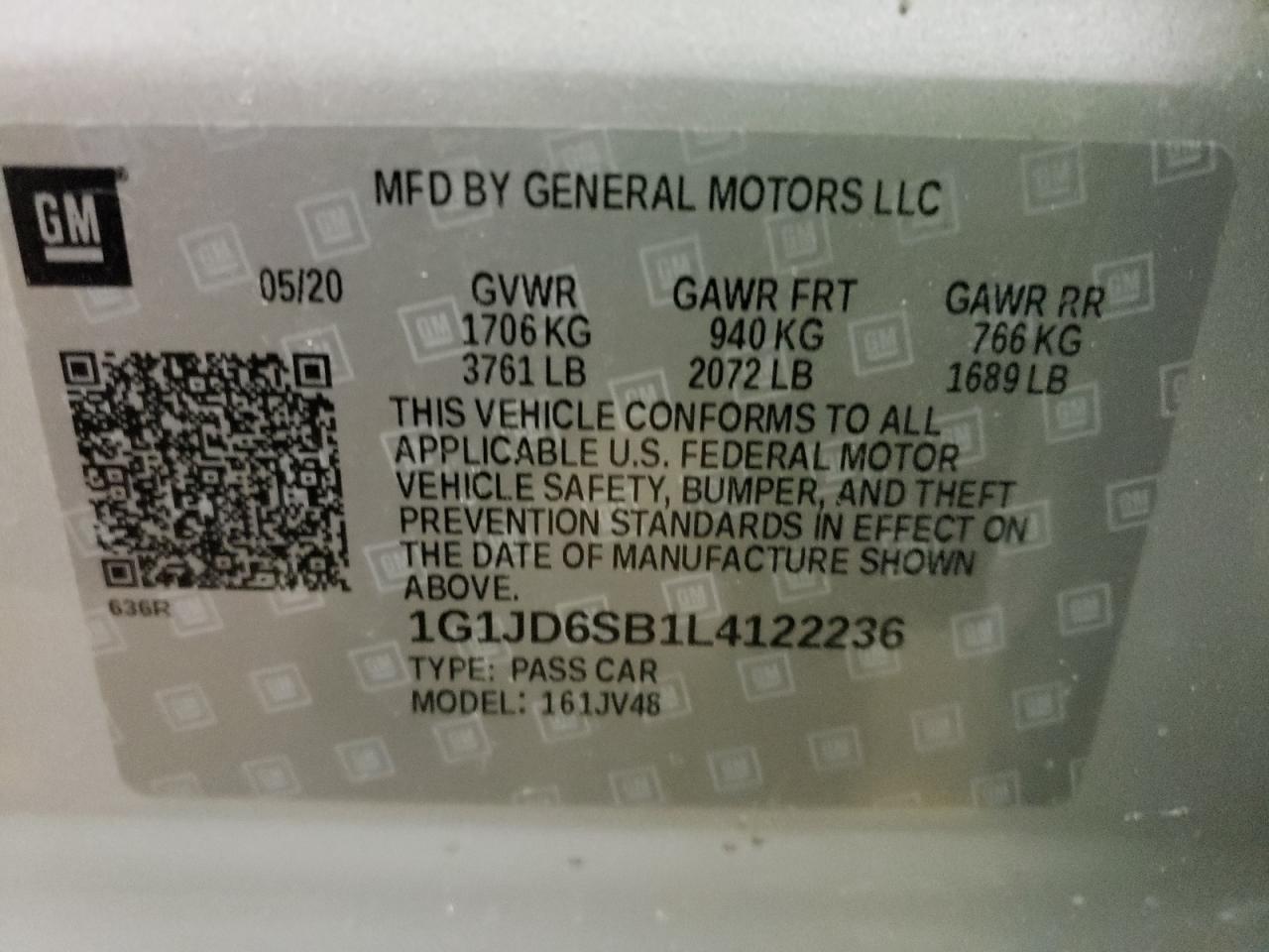 Photo 10 from auction – 2020 CHEVROLET SONIC LT with VIN 1G1JD6SB1L4122236