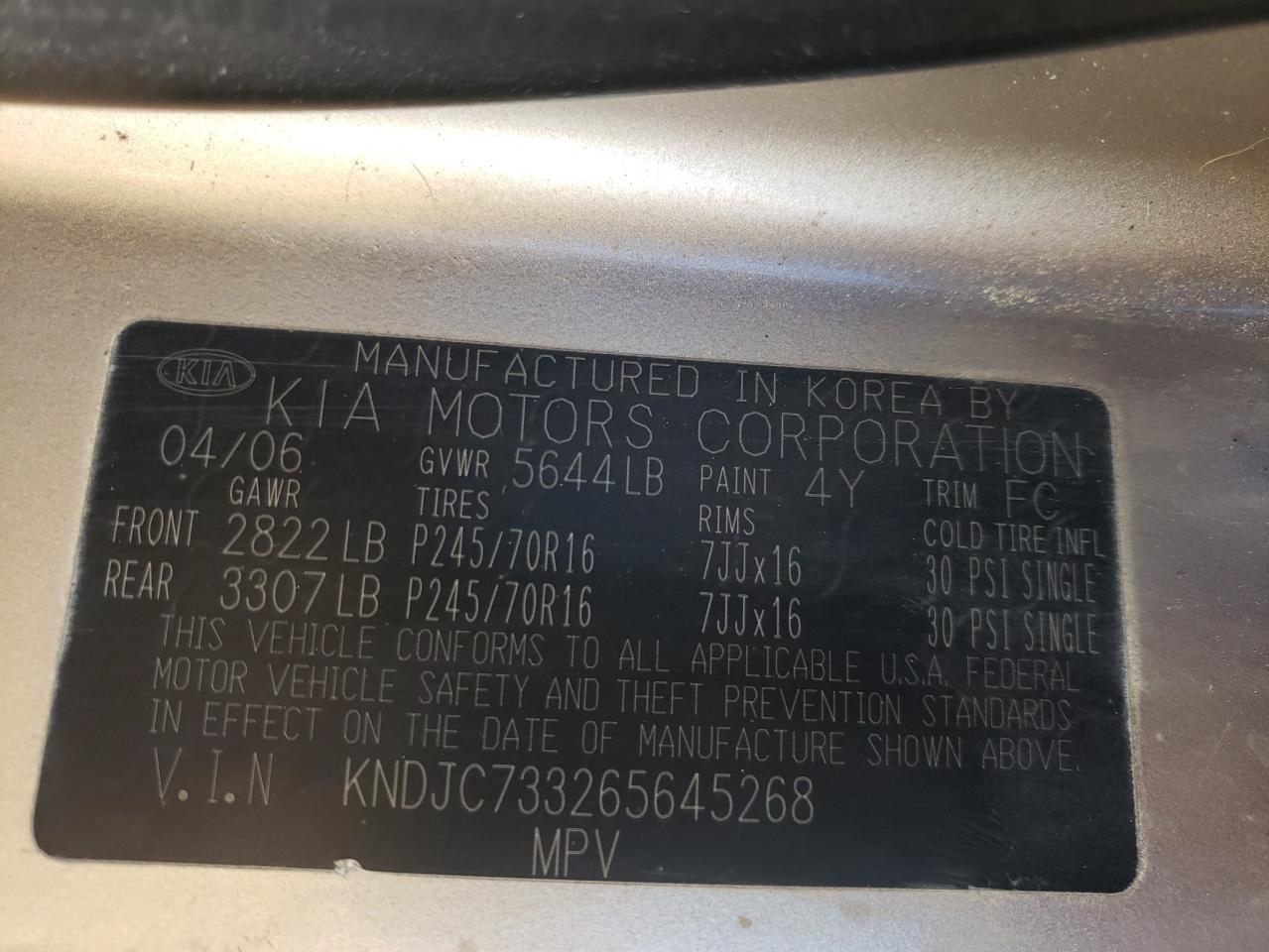 Photo 10 from auction – 2006 KIA SORENTO EX with VIN KNDJC733265645268