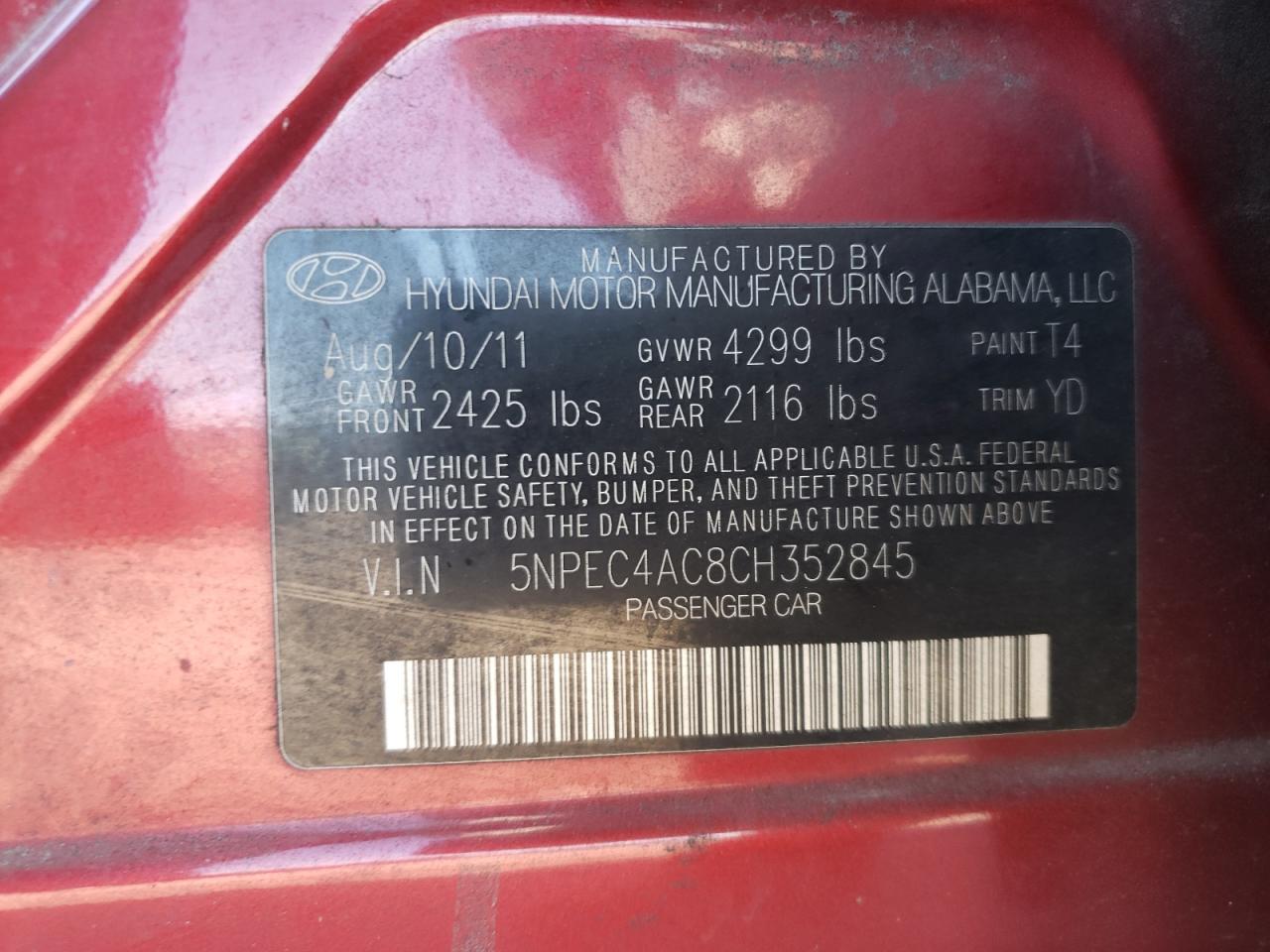 Photo 10 from auction – 2012 HYUNDAI SONATA SE with VIN 5NPEC4AC8CH352845