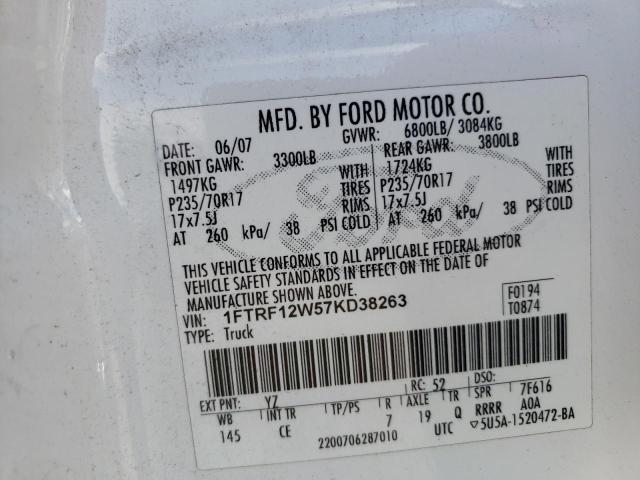 Photo 10 from auction – 2007 FORD F150 with VIN 1FTRF12W57KD38263