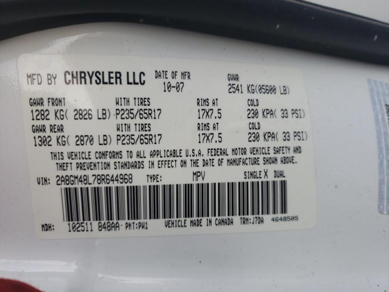 Photo 10 from auction – 2008 CHRYSLER PACIFICA L with VIN 2A8GM48L78R644968