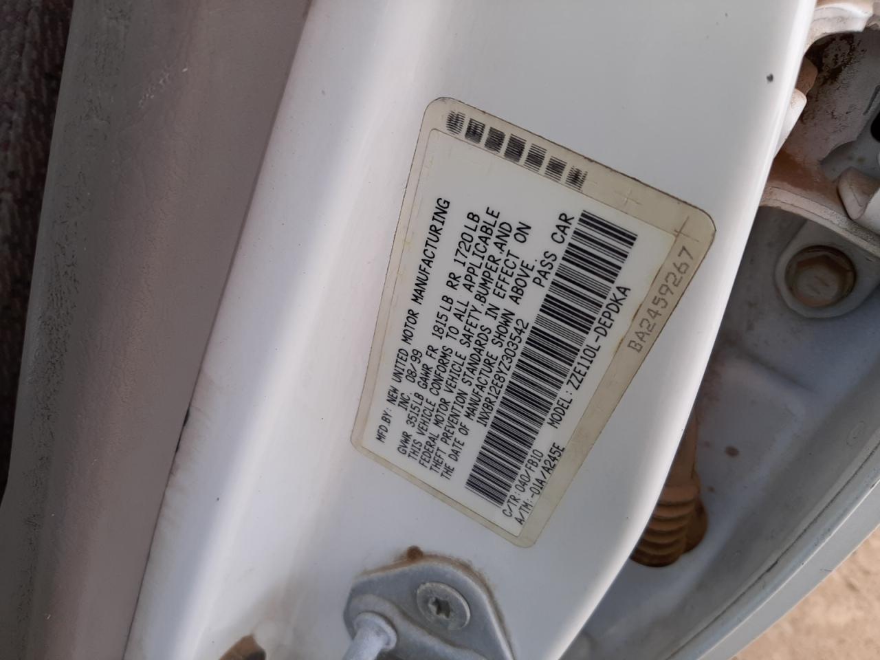 Photo 10 from auction – 2000 TOYOTA COROLLA with VIN 1NXBR12E8YZ303542