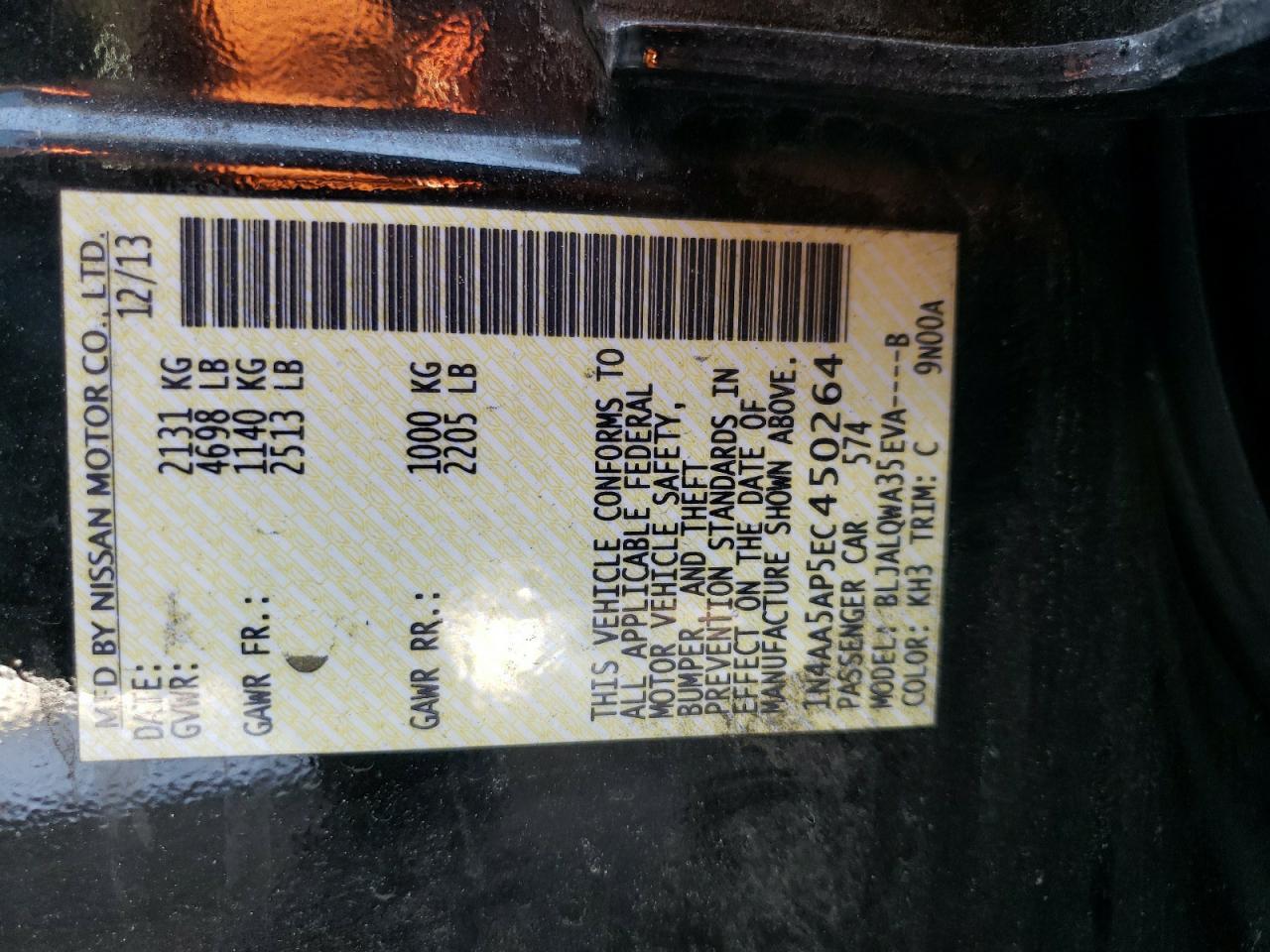 Photo 10 from auction – 2014 NISSAN MAXIMA S with VIN 1N4AA5AP5EC450264