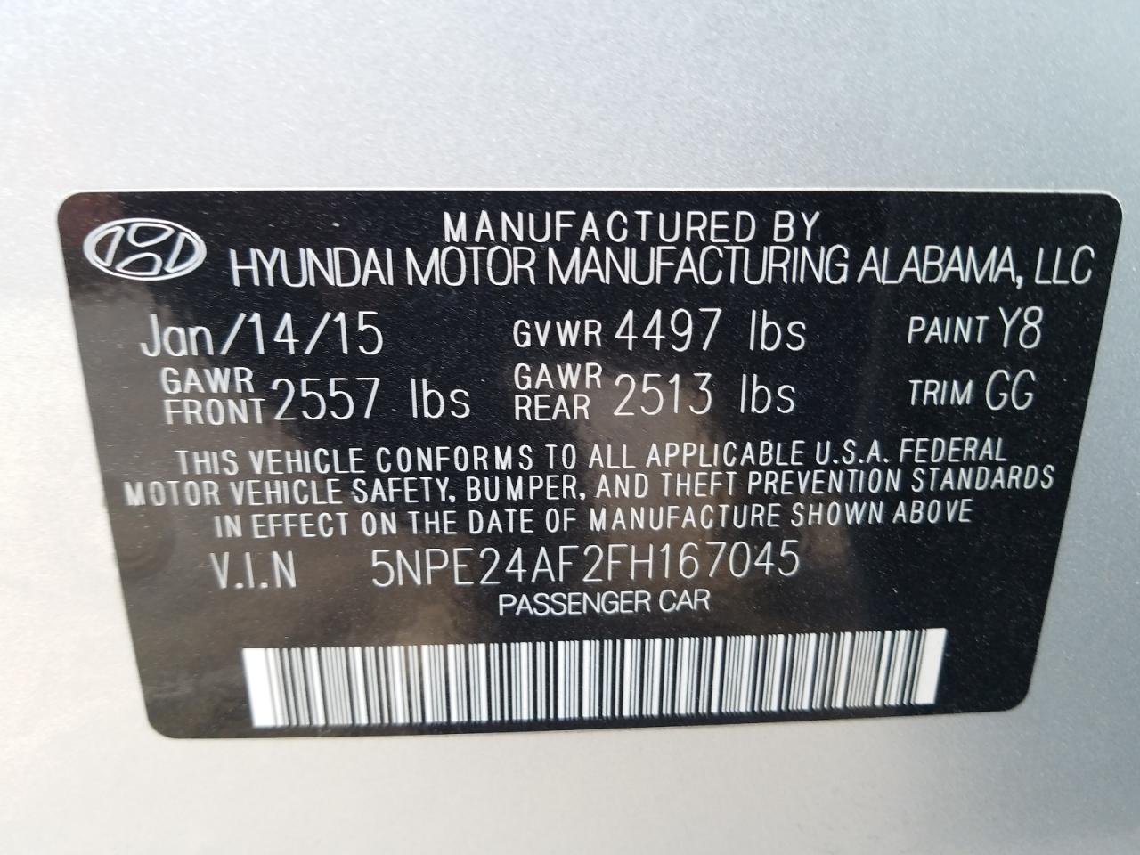 Photo 10 from auction – 2015 HYUNDAI SONATA SE with VIN 5NPE24AF2FH167045