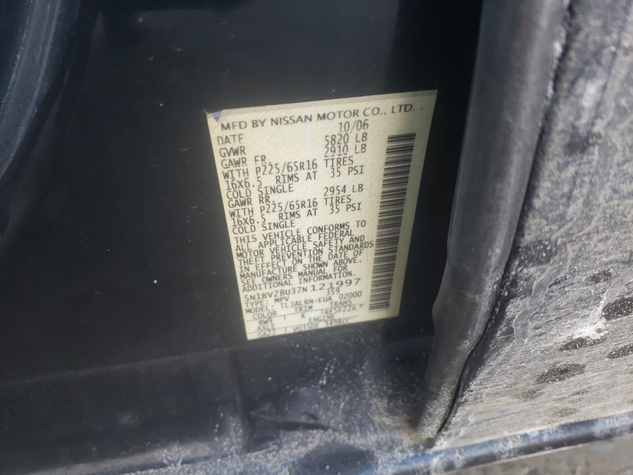 Photo 10 from auction – 2007 NISSAN QUEST S with VIN 5N1BV28U37N121997