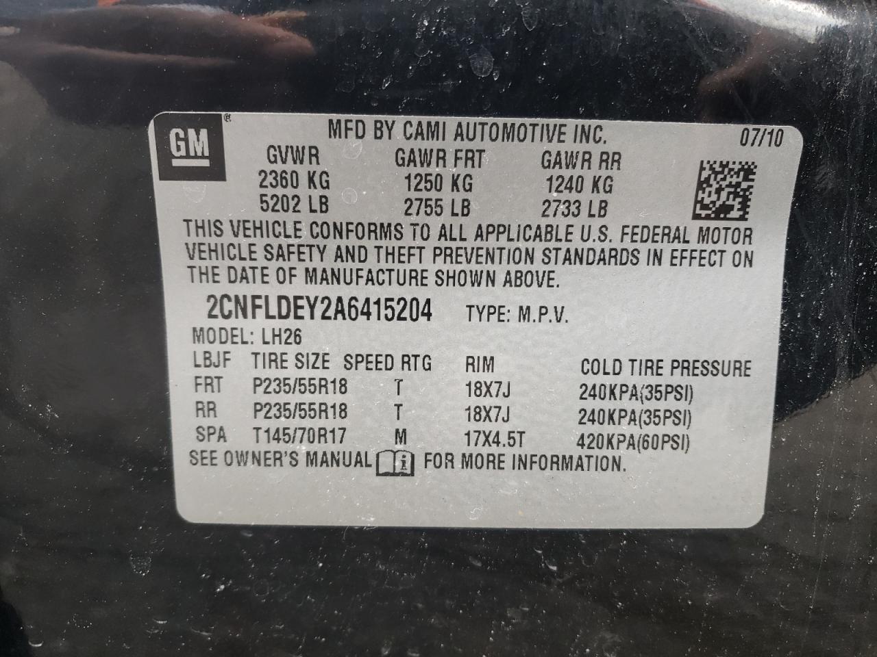 Photo 10 from auction – 2010 CHEVROLET EQUINOX LT with VIN 2CNFLDEY2A6415204