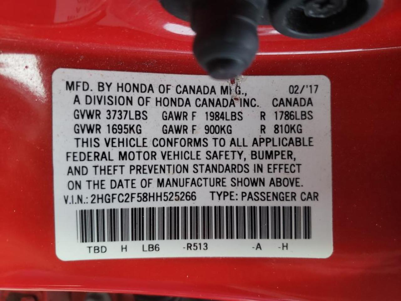 Photo 10 from auction – 2017 HONDA CIVIC LX with VIN 2HGFC2F58HH525266