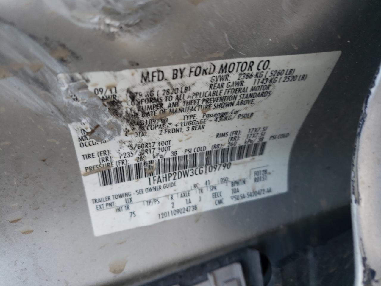 Photo 10 from auction – 2012 FORD TAURUS SE with VIN 1FAHP2DW3CG109790