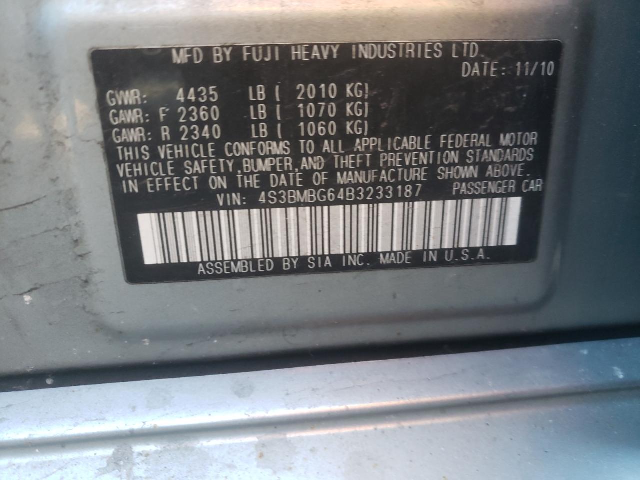 Photo 10 from auction – 2011 SUBARU LEGACY 2.5 with VIN 4S3BMBG64B3233187