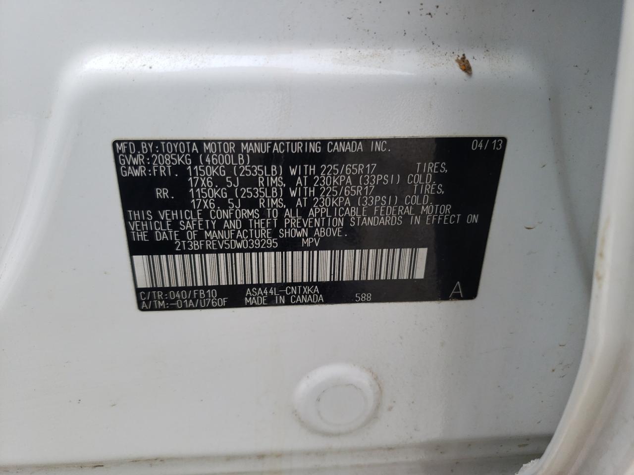 Photo 10 from auction – 2013 TOYOTA RAV4 LE with VIN 2T3BFREV5DW039295