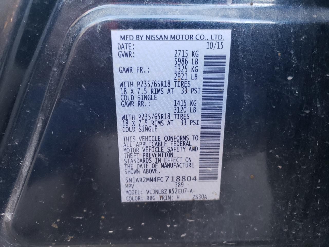 Photo 10 from auction – 2015 NISSAN PATHFINDER with VIN 5N1AR2MM4FC718804
