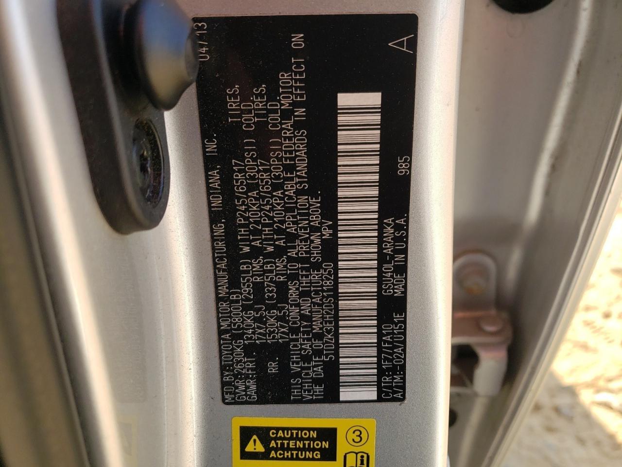 Photo 10 from auction – 2013 TOYOTA HIGHLANDER with VIN 5TDZK3EH2DS118250