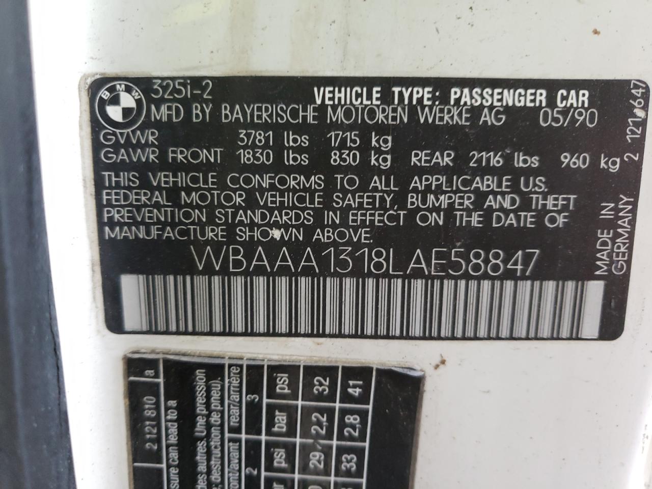 Photo 10 from auction – 1990 BMW 325 I with VIN WBAAA1318LAE58847