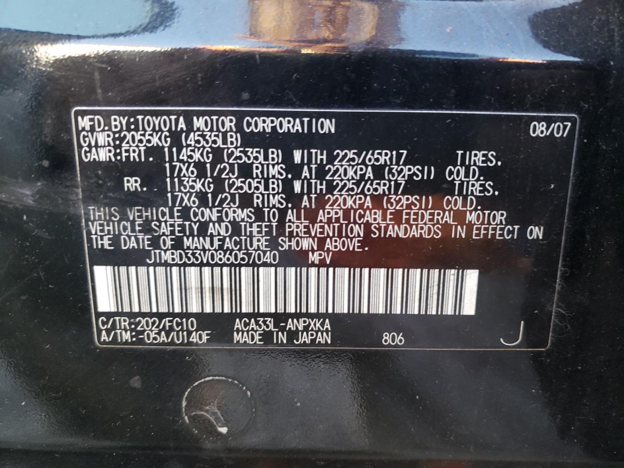 Photo 10 from auction – 2008 TOYOTA RAV4 with VIN JTMBD33V086057040