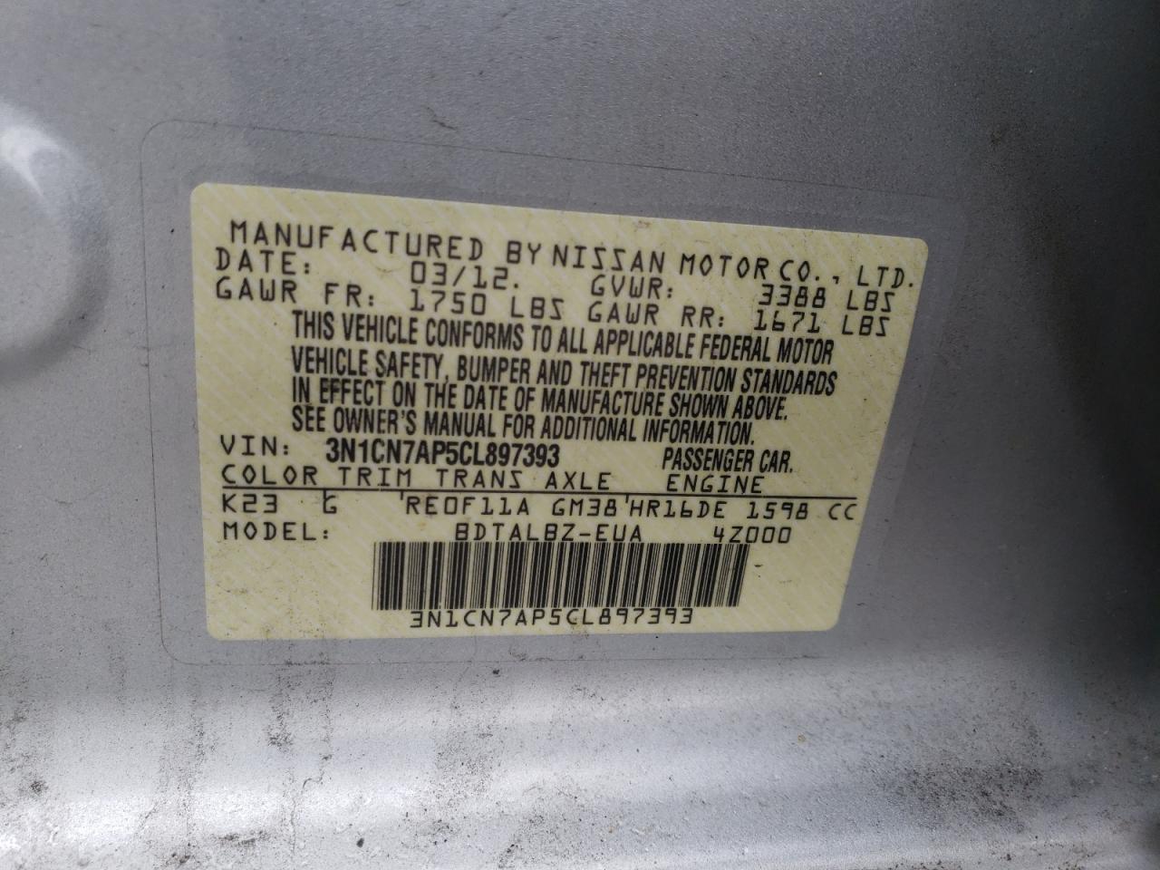 Photo 10 from auction – 2012 NISSAN VERSA S with VIN 3N1CN7AP5CL897393