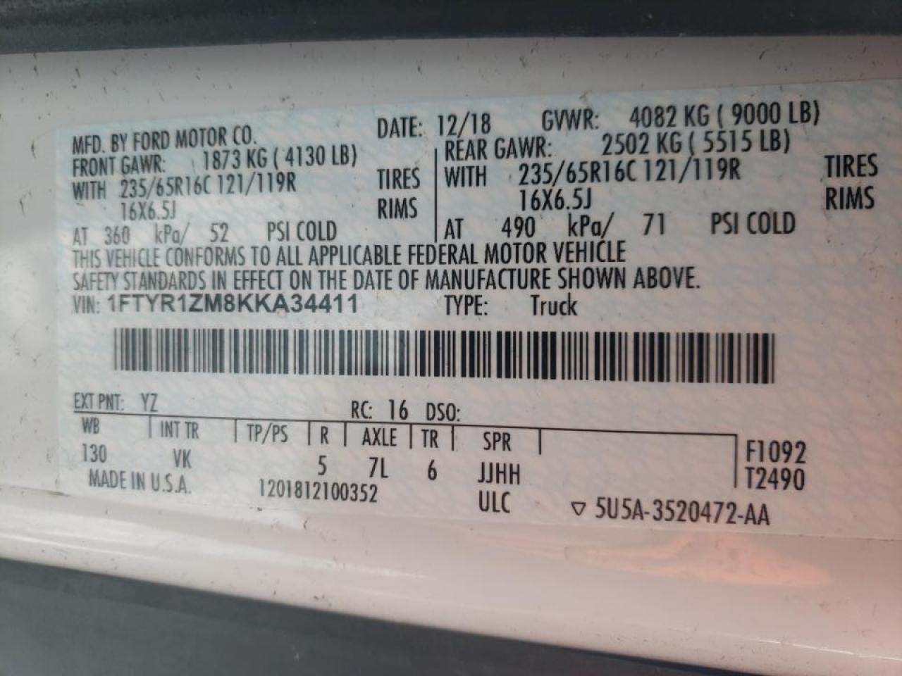 Photo 10 from auction – 2019 FORD TRANSIT with VIN 1FTYR1ZM8KKA34411