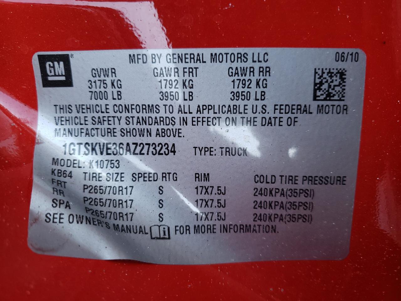 Photo 10 from auction – 2010 GMC SIERRA K15 with VIN 1GTSKVE36AZ273234