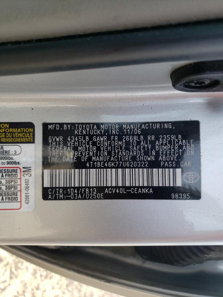 Photo 10 from auction – 2007 TOYOTA CAMRY CE with VIN 4T1BE46K77U620322