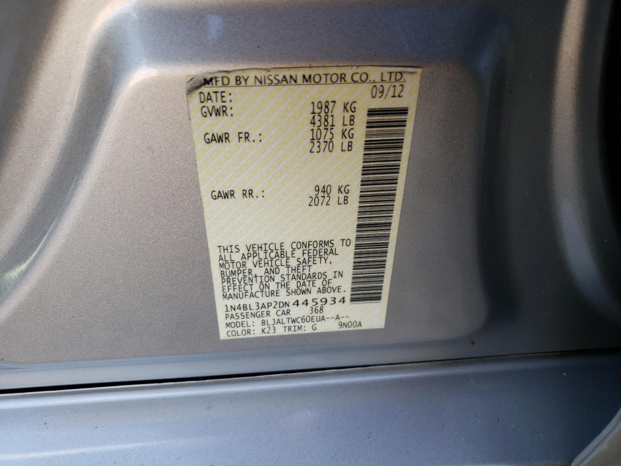 Photo 10 from auction – 2013 NISSAN ALTIMA 3.5 with VIN 1N4BL3AP2DN445934