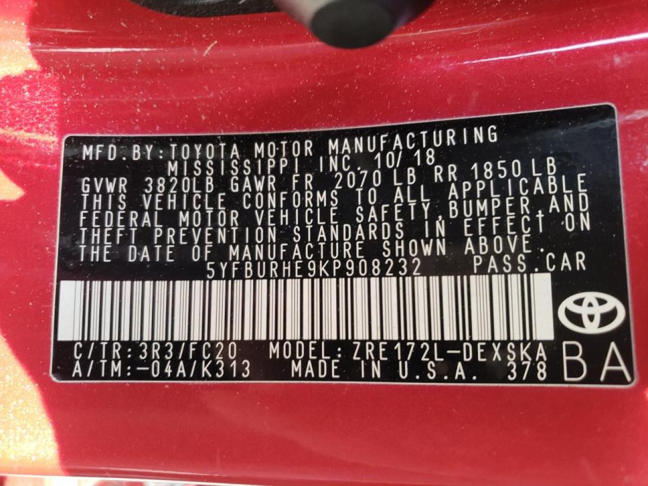 Photo 10 from auction – 2019 TOYOTA COROLLA L with VIN 5YFBURHE9KP908232