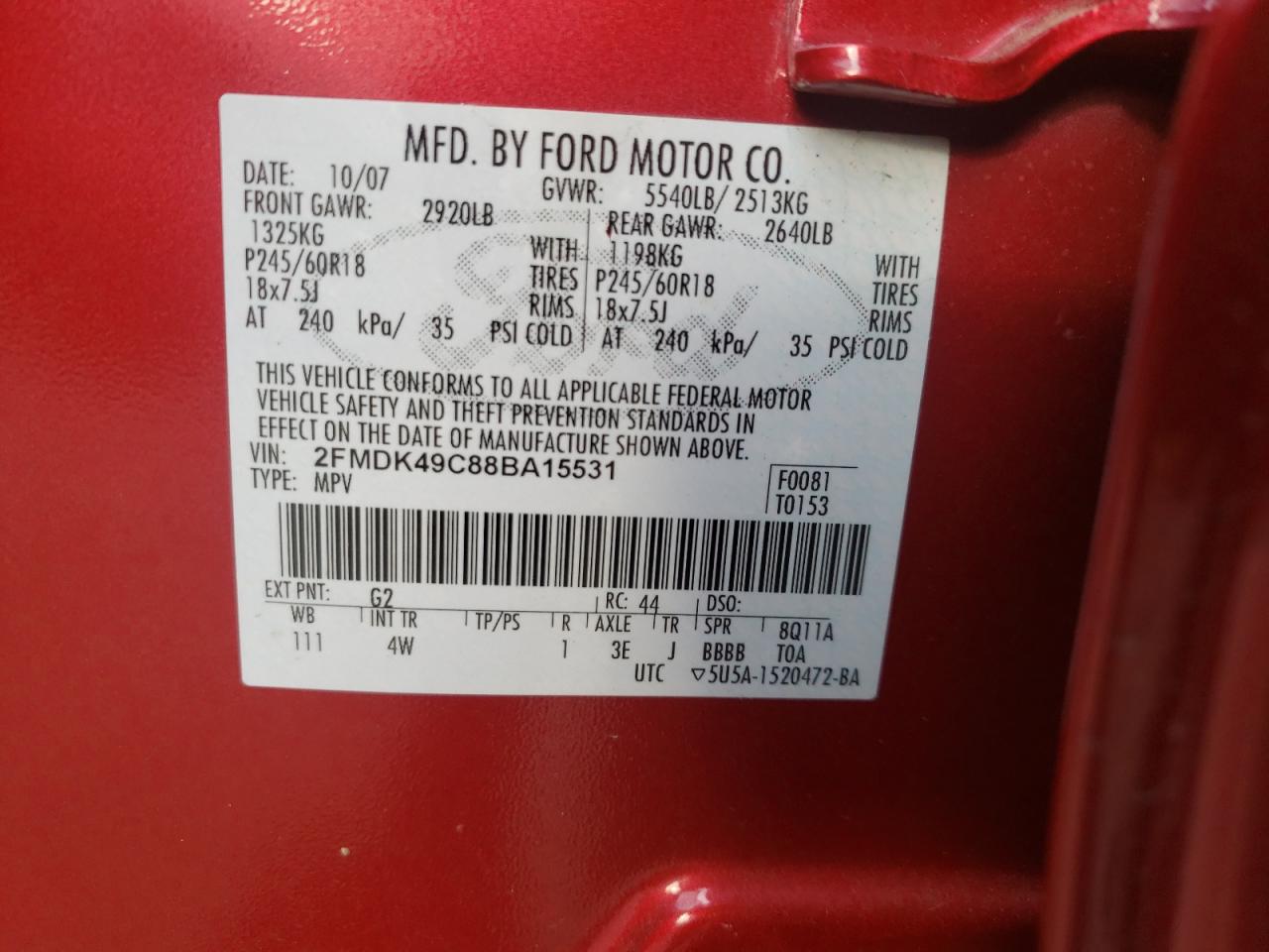 Photo 10 from auction – 2008 FORD EDGE LIMIT with VIN 2FMDK49C88BA15531