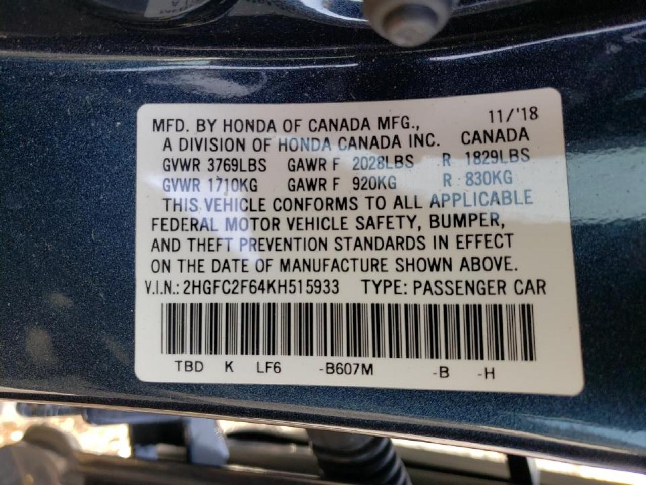 Photo 10 from auction – 2019 HONDA CIVIC LX with VIN 2HGFC2F64KH515933