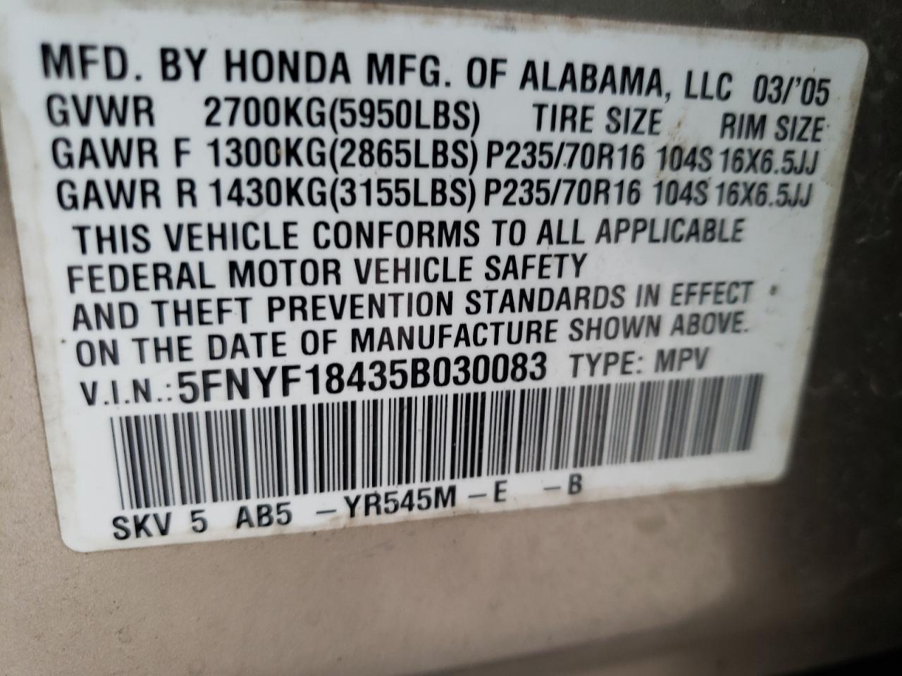 Photo 10 from auction – 2005 HONDA PILOT EX with VIN 5FNYF18435B030083