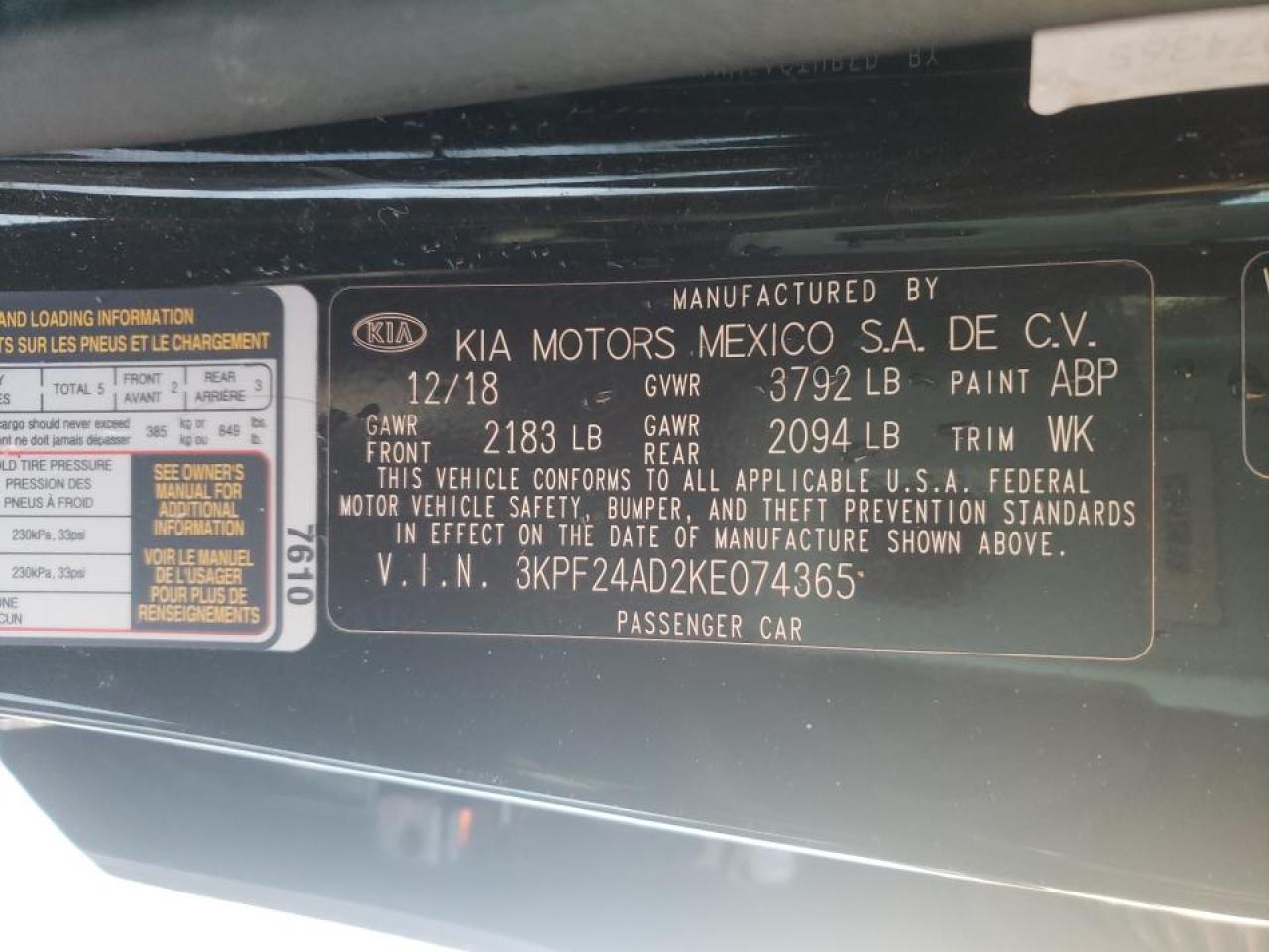 Photo 10 from auction – 2019 KIA FORTE FE with VIN 3KPF24AD2KE074365