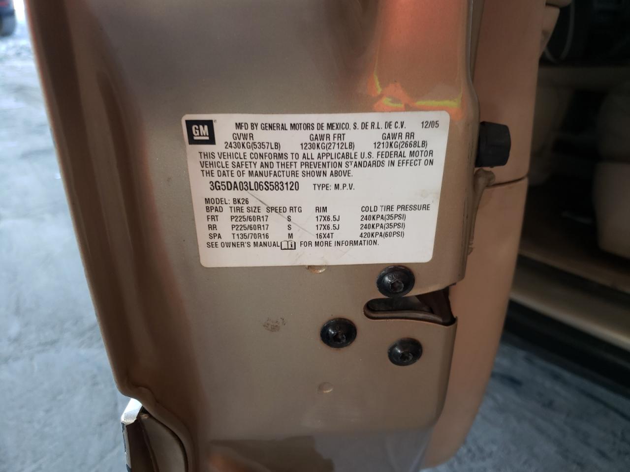Photo 10 from auction – 2006 BUICK RENDEZVOUS with VIN 3G5DA03L06S583120