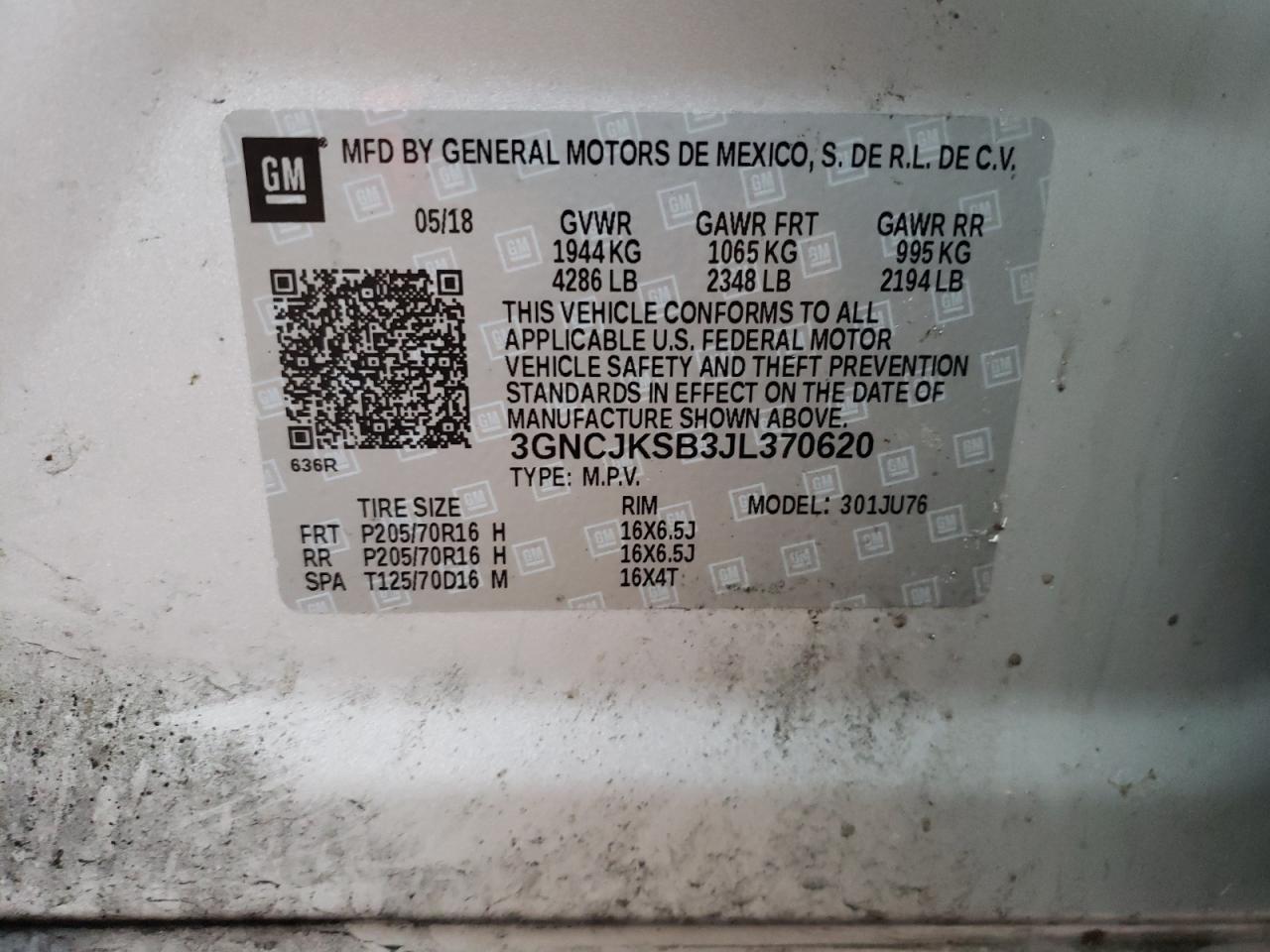 Photo 10 from auction – 2018 CHEVROLET TRAX LS with VIN 3GNCJKSB3JL370620
