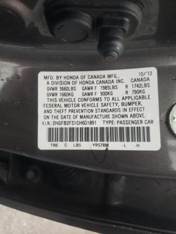 Photo 10 from auction – 2012 HONDA CIVIC LX with VIN 2HGFB2F51CH601891