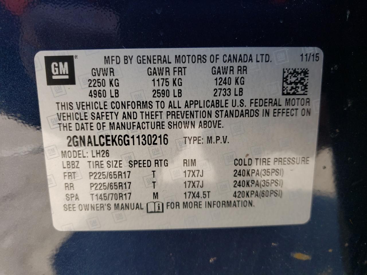 Photo 10 from auction – 2016 CHEVROLET EQUINOX LT with VIN 2GNALCEK6G1130216