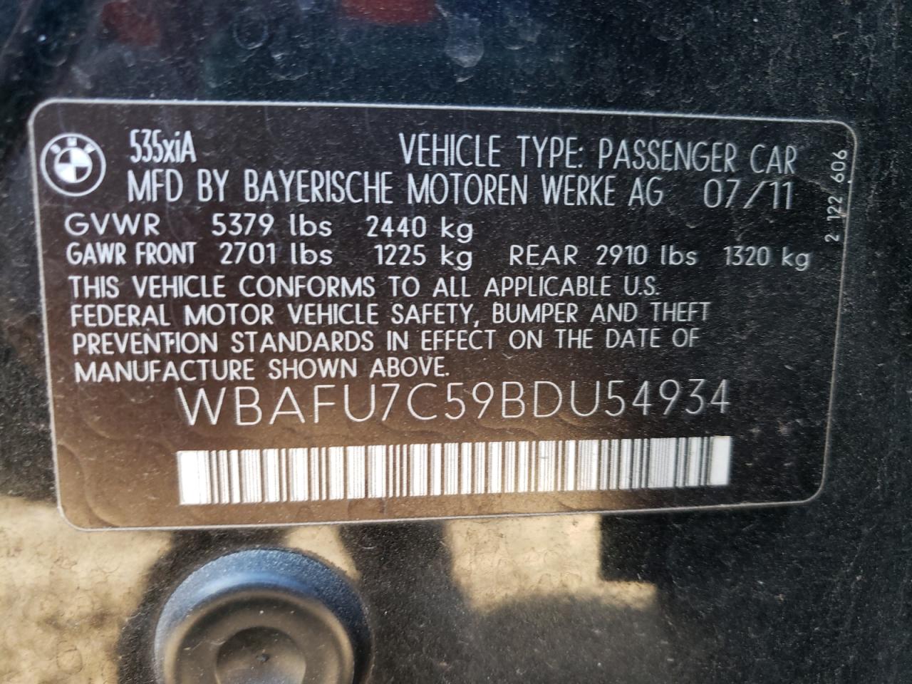 Photo 10 from auction – 2011 BMW 535 XI with VIN WBAFU7C59BDU54934