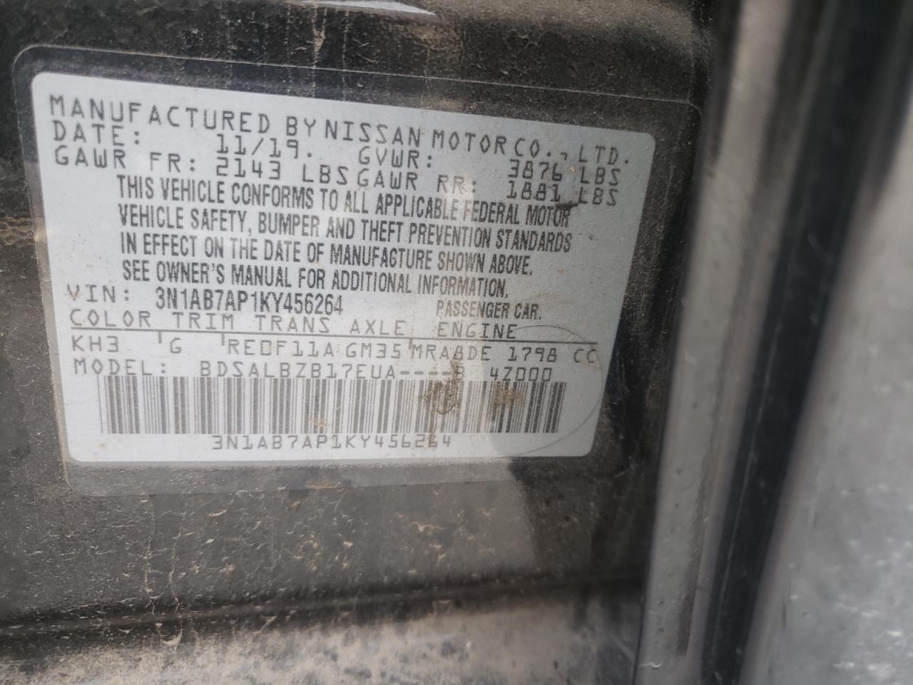 Photo 10 from auction – 2019 NISSAN SENTRA S with VIN 3N1AB7AP1KY456264