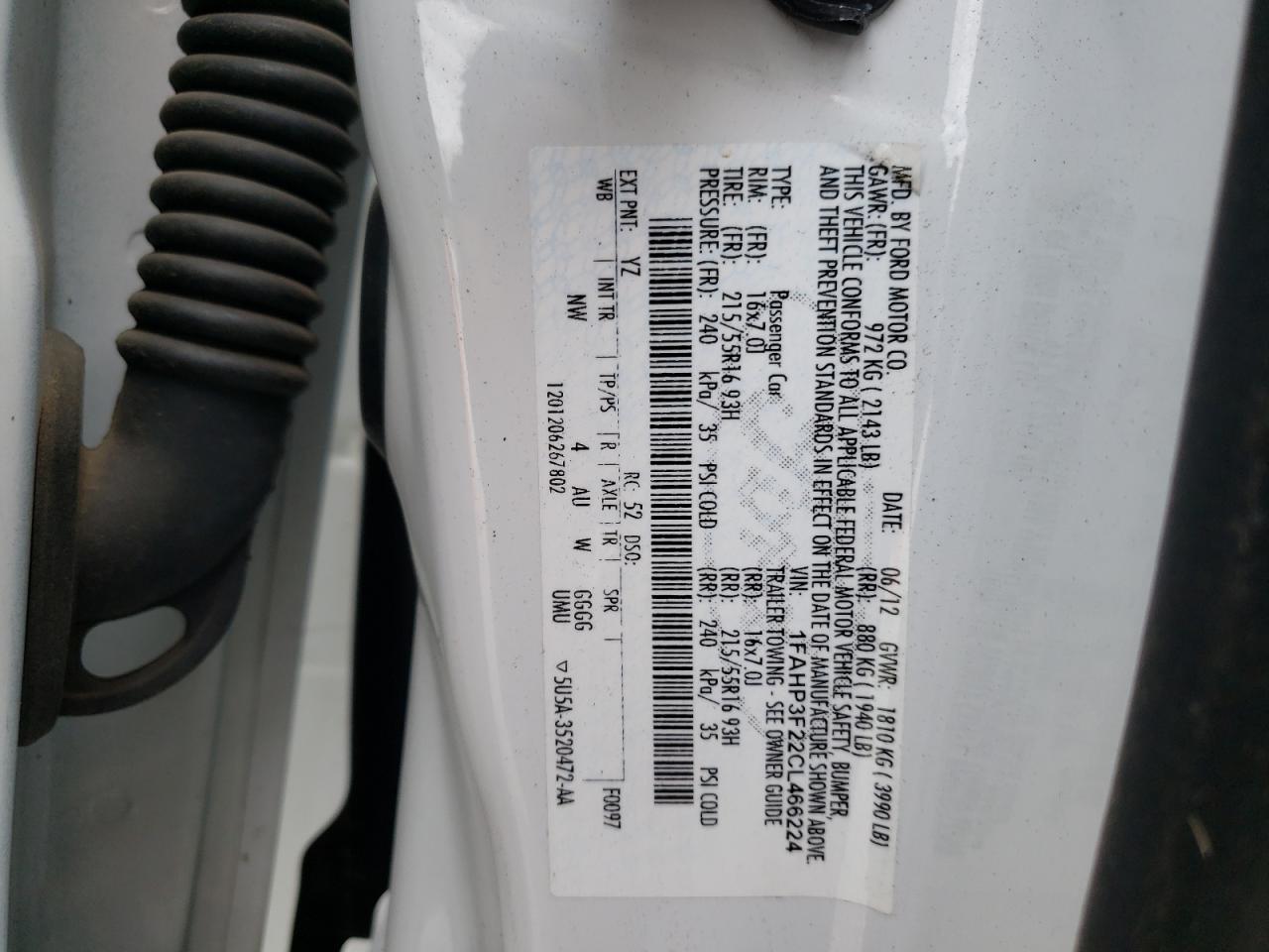 Photo 10 from auction – 2012 FORD FOCUS SE with VIN 1FAHP3F22CL466224