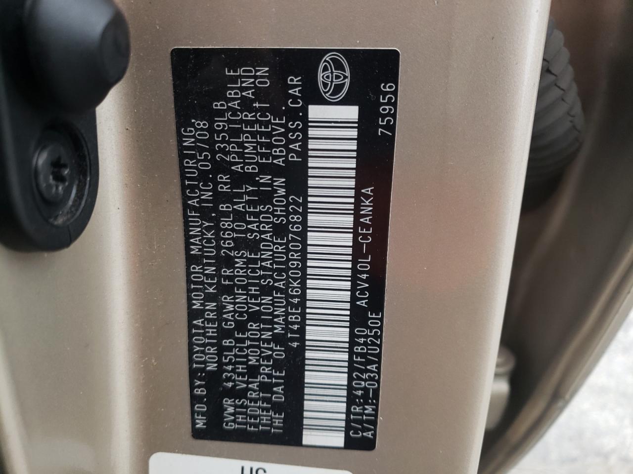 Photo 10 from auction – 2009 TOYOTA CAMRY BASE with VIN 4T4BE46K09R076822