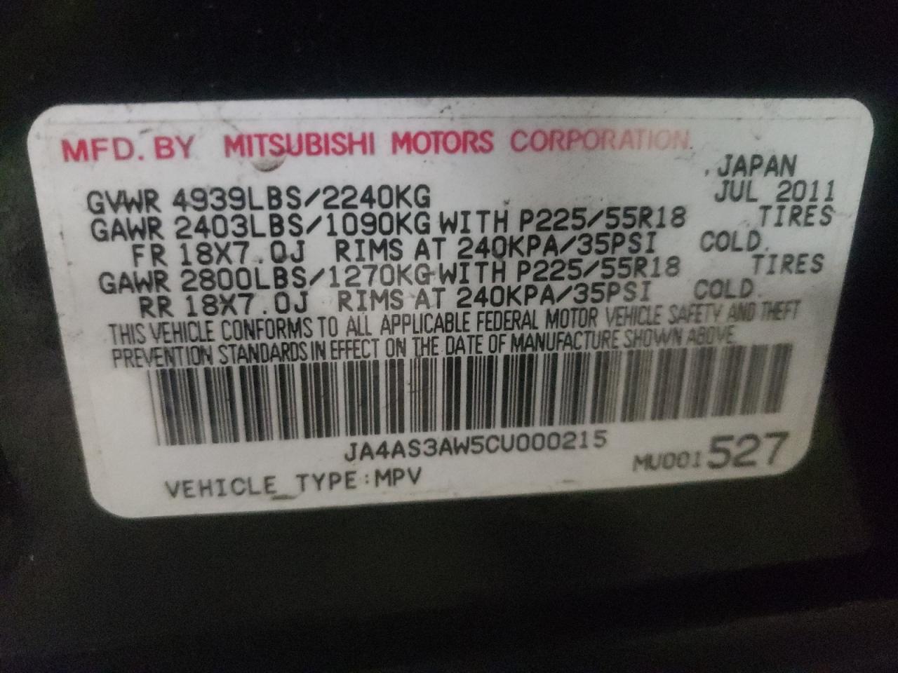 Photo 10 from auction – 2012 MITSUBISHI OUTLANDER with VIN JA4AS3AW5CU000215